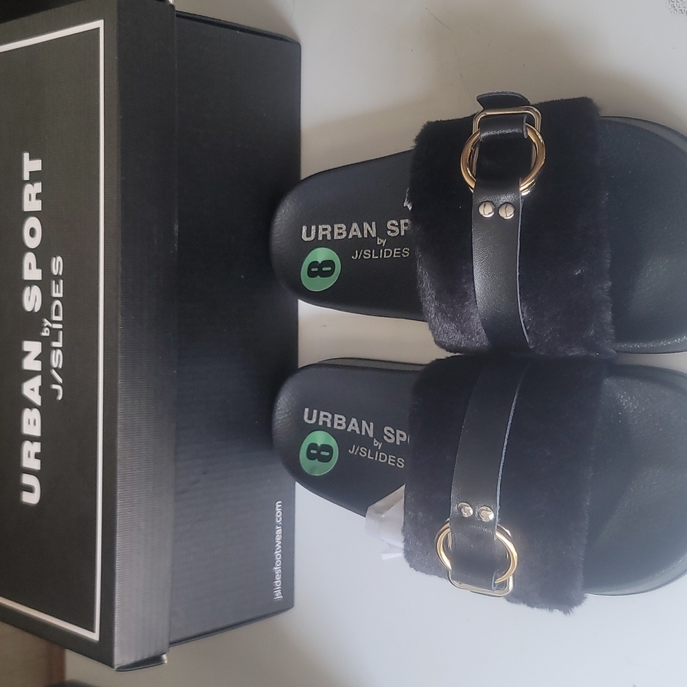 URBAN SPORT BY J/SLIDES BUCKLE UP FAUX FUR SANDAL/SLIDES: BLACK: NIB: 8